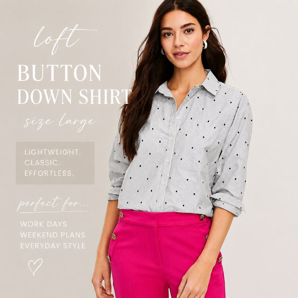 LOFT Button Down Shirt Large Oversized Gray Stripe Polka Dot Career Old Money